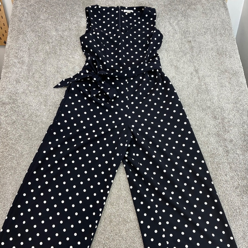 Calvin Klein Jumpsuit Womens 10 Polka Dot Wide Leg Belted Sleeveless Navy White